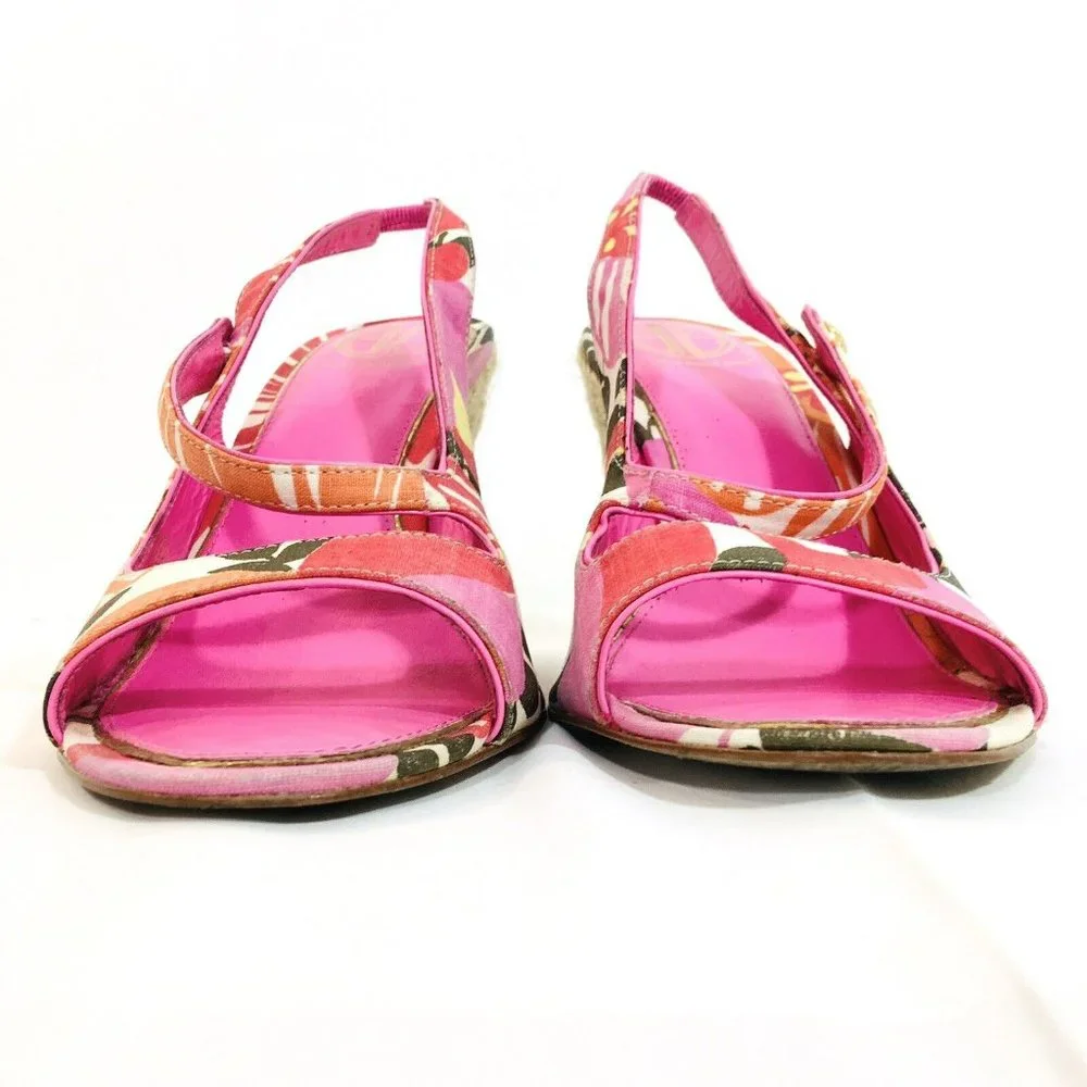 Lilly Pulitzer Sz 10M Espadrille Sling Back Wedge Logo Pink Floral Peep Toe